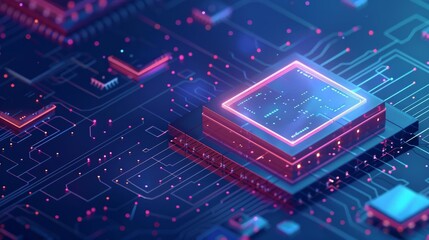 Poster - A CPU chip on a motherboard processes data. Microchip technology. Abstract isometric tech concept banner.