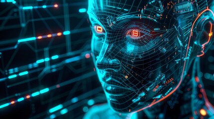 Poster - Cyborg head with artificial neural networks brain in neon cyberpunk style. Female robot face with computer artificial intelligence banner in 80s cyberpunk style.
