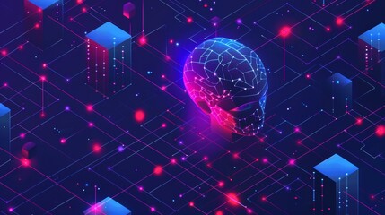 Poster - An isometric concept of artificial intelligence technology. Cybernetic brain communications with networks and data analysis. AI machine learning. Robots or cyborgs with artificial intelligence.
