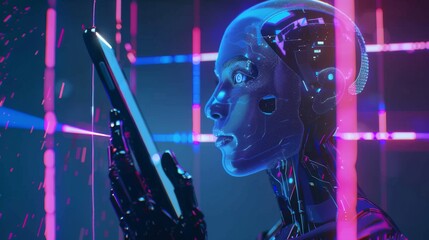 Poster - Phones with artificial intelligence. Mobile online chat bots for smartphones. Cyborgs or robots with AI looking out of the screen. Chatbots are internet helpers and virtual services that allow web