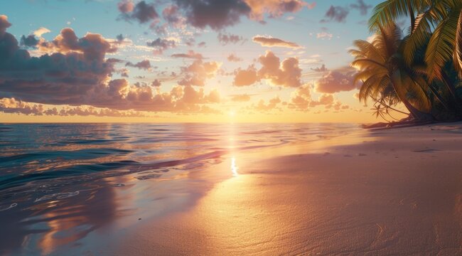 Stunning Tropical Beach Sunrise with Vibrant Sky, Calm Ocean Waves, and Palm Trees
