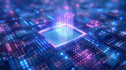 Quantum computer abstraction. Digital signal passes through qubit in core optical CPU. Technology background. Future architecture of quantum computing.