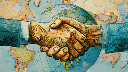 Two hands shaking with a beautiful globe in the background, symbolizing global cooperation, doing business that places importance on environmental conservation and taking care of the world