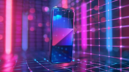 Poster - The phone hangs over a mirror. The phone's camera is shown close-up. An objective lens effect appears on the glass of the mobile phone. Shiny modern phone with neon lights as background.