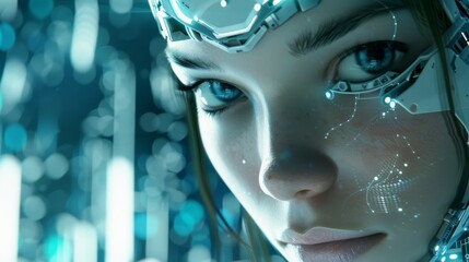 Poster - The picture shows a beautiful and serious female robot woman, a robot girl, with a cyborg head and beautiful eyes. The image shows an electronic robotic humanoid machine with the future cybernetic