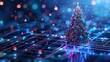 © Антон Сальников - A Christmas poster showing a christmas tree, the year 2023, and the number 2023 in a technology style design. New year, merry Christmas card in a computer graphics design for 2023. Tech digital