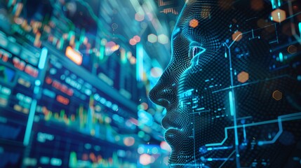 Poster - Fintech and artificial intelligence in business. Artificial intelligence looking at stock charts. Neural networks analyzing finance economic data. Robot traders work in stock exchange.