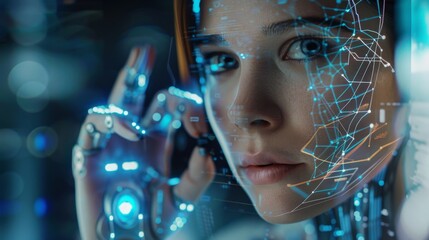 Poster - Female cyborg robot with beautiful face, robotic hand pressing button. Artificial intelligence. Machine learning. Mechanical humanoid machine.