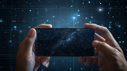 Poster - mobile phone in hand. black landscape orientation phone. empty screen in hand. template isolated cel