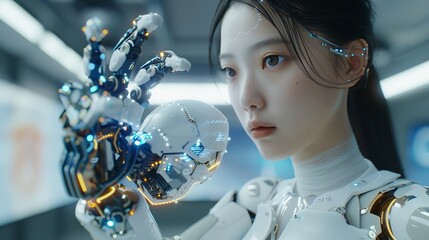 Poster - Cut out Mock up PNG. Cyborg woman with artificial mind. Computer neural network concept. AI ingredient in image robot woman holds an object in the palm of her hand.
