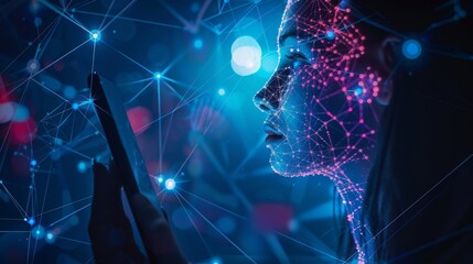 Poster - A woman cyborg or bot emerging from the screen of the phone offers access to information and data in online networks.
