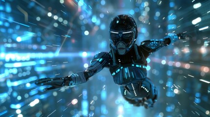 Poster - Cyberspace woman with AI flying in cyberspace world of metaverse. Cyborg in digital abstract conceptual banner. Retro futuristic.