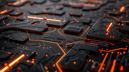 Poster - digital technology background modern cyber tech wallpaper, glowing circuit lines on black motherboard 