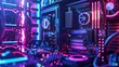 © Антон Сальников - Repair or upgrade of desktop gaming computers. Modern power PC with neon lights of the CPU, coolers, RAM boards. Computer hardware configuration. Computer repair services.
