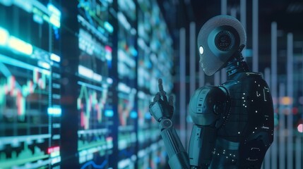 Poster - Artificial intelligence develops trading strategies for the stock market. A neural network is incorporated into an image robot that analyses financial charts. A cyborg woman analyzes financial charts