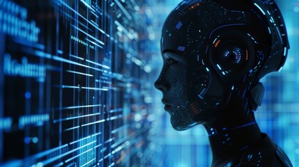 Poster - Bot chatgpt in image of robot woman. Online chatbot cyborg. AI chatbot gpt. Artificial intelligence technology.