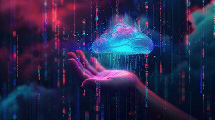 Poster - The concept of a digital technology network is illustrated as an image of a digital cloud situated over a hand in neon lights. Data comes down from the cloud in a rain of digital rain. Internet Datum