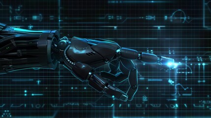 Poster - A robot arm pointing the index finger of its hand on a transparency background. A robotic mechanical limb of artificial intelligence. Cyborg hand contact.
