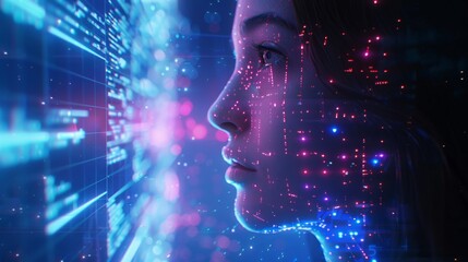 Poster - Woman with AI robot analyzing big data on image waterfall of lights particles. Machine learning concept. Neural network training.