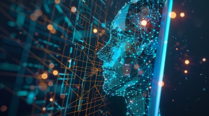 Poster - An AI chat bot hangs over the screen of a cellphone. The image shows an image of a robot head perched over the screen. The AI chatbot is chatting with the user via messenger. An abstract image of a