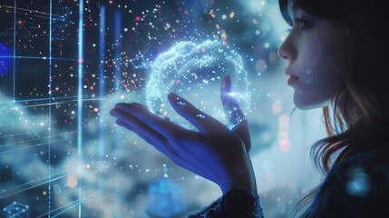 Poster - A woman holding a digital device from the cloud storage on her palm, using artificial intelligence (AI), is analyzing data in the cloud. A robot holding a device from the cloud storage, analyzing