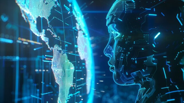 Technology concept with a robot or chatbot head hanging above a digital map of the world. Concept of interacting with different places on the globe with artificial intelligence. Concept of analyzing