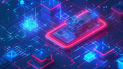 Poster - In this isometric concept of a smart home IOT system, domestic devices are positioned on a smart phone screen illuminated by neon lights. Electronic devices are contained within the phone. IOT mobile