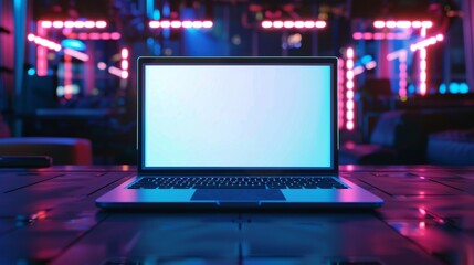 Poster - The modern mockup of a laptop with a blank screen against a blurred, dark room. It has a front view of an open laptop with an open window. It is placed on a desk against the background of furniture