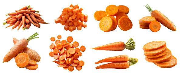 Wall Mural - Carrot root vegetable, many angles and view side top front cluster pile slice isolated on transparent background cutout, PNG file. Mockup template for artwork graphic design
