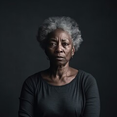 Wall Mural - Charcoal background sad black American independent powerful Woman. Portrait of older mid-aged person beautiful bad mood expression girl Isolated on Background racism skin color depression anxiety fear