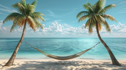 Wall Mural - 3D illustrator of A hammock strung between two palm trees,Simple background