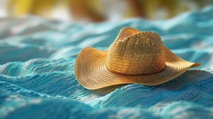 Wall Mural - 3D illustrator of A Panama hat resting on a beach towel,Simple background