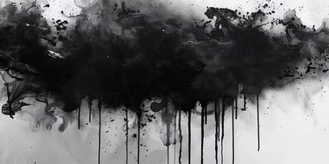 Wall Mural - Black ink painting,black cloud of paint dripping down on a white background , lack ink watercolor texture on white