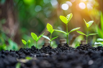 Wall Mural - Plants growing out of coins in dirt illustrating the concept of investment.