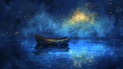 Wall Mural - Night boat on a lake with stars for a peaceful and dreamy design