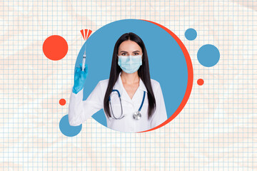 Canvas Print - Composite photo collage of serious doctor girl hold syringe vaccine wear protection mask covid pandemic isolated on painted background