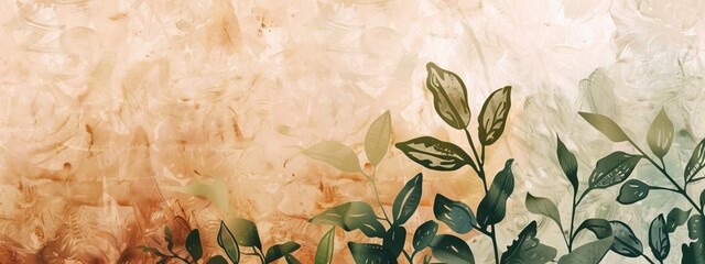 Wall Mural - A serene, nature-inspired background with leaf motifs in green and brown.