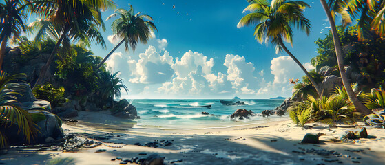 Sunny Tropical Beach with Lush Green Palms and Blue Seas, Ideal Vacation Spot