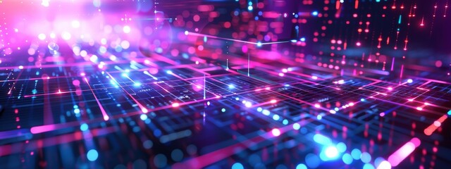 Poster - A sleek, tech background with abstract digital patterns and neon lights.