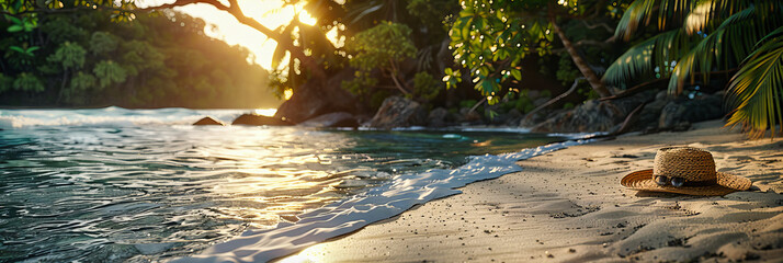 Canvas Print - Sunset at a Serene Beach with Palm Trees, Golden Sky Reflecting on Calm Waters