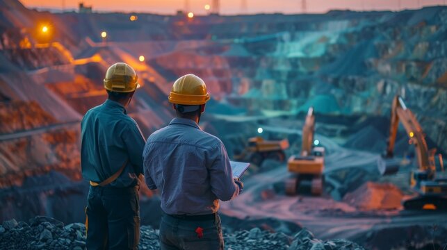 Two engineers in hard hats at a mining site