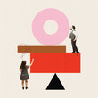 © Lustre - Contemporary art collage. Woman coordinate work of her employee who stands on huge stack of geometry shapes and balancing. Concept of partnership, business cooperation, teamwork, achieve goals. Ad