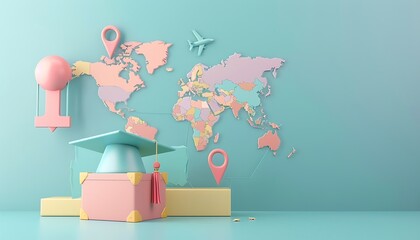 Education and travel concept. 3D illustration of a world map with a graduation cap and airplane.