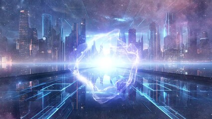 Poster - Futuristic city on electronic circuit background, development of modern digital technologies concept.
