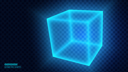 Poster - Glowing Blue Neon 3D Cube. Futuristic Box Cage. Digital Blockchain Concept. Cube On Transparent Background. Vector Illustration. Artificial Intelligence HUD Design Element. Digital Technology.
