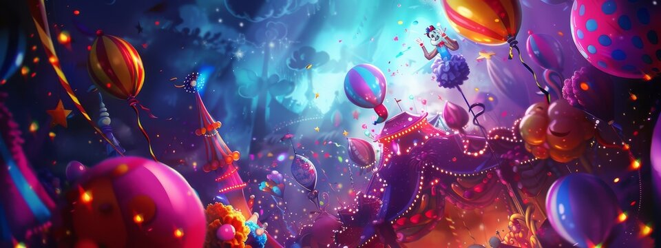 A vibrant, carnival background with clowns, acrobats, and bright lights.