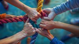 Team rope diverse strength connect partnership together teamwork unity communicate support. 