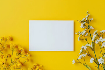 Blank paper on yellow background with flowers for greeting card mockup.