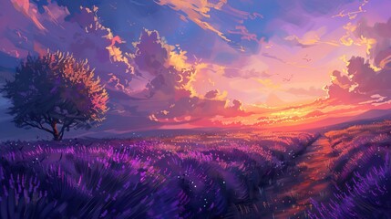 Poster - Stunning landscape with lavender field at sunset 