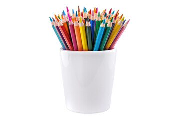 Color pencil in white ceramic cup isolated on transparent background